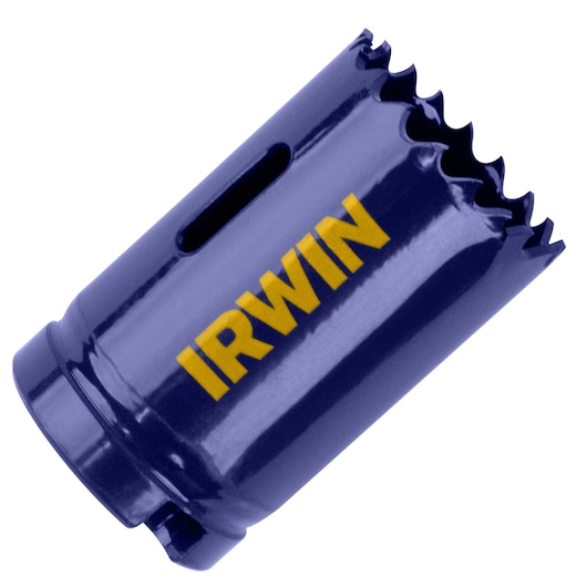Photo of IRWIN 373150BX blue bi-metal hole saw with sharp teeth, side angle, white background.
