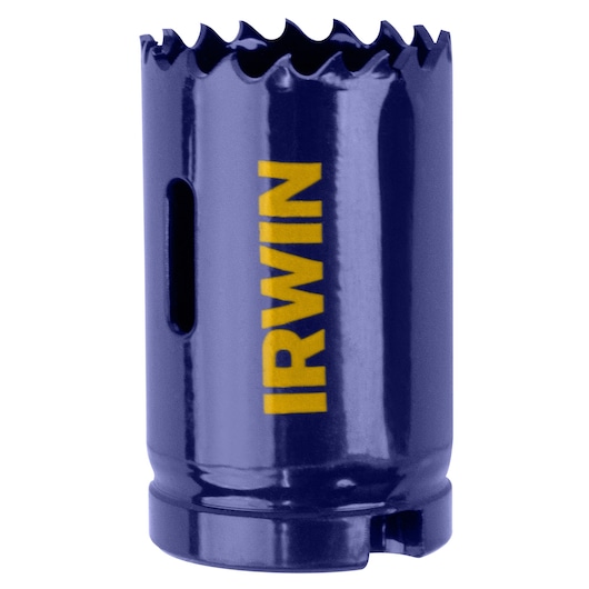 IRWIN 373150BX cobalt hole saw, blue finish, serrated edge, front angle on white background.