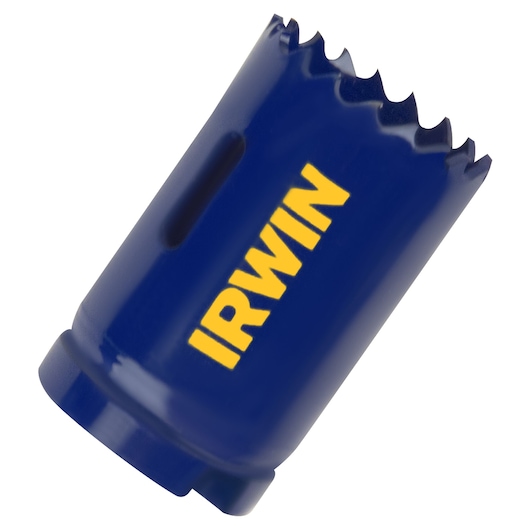 IRWIN 373150BX blue bi-metal hole saw with saw teeth, product close-up on white background.