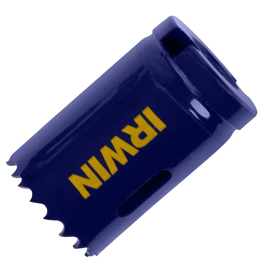 IRWIN 373150BX hole saw with blue body and yellow logo, angled view on white background.