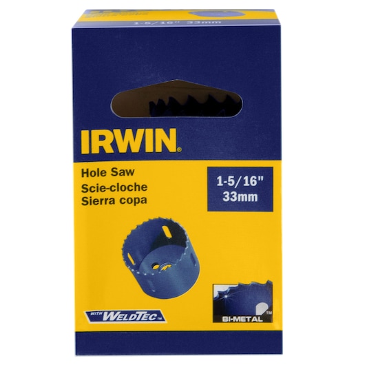 IRWIN hole saw, 1-5/16 inch 33 mm, blue bi-metal hole saw in branded blue and yellow box, front angle, 373150BX.