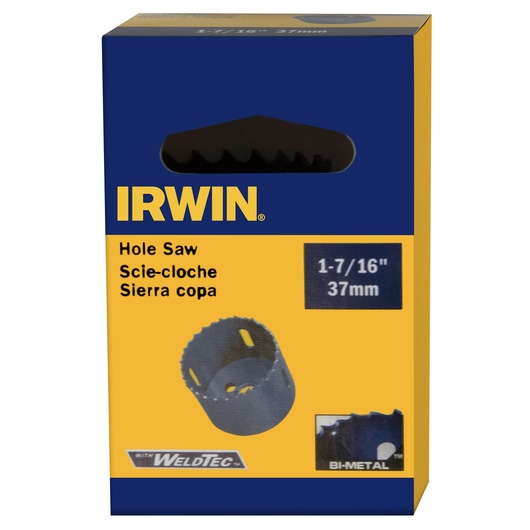 IRWIN 373170BX hole saw in blue and yellow box, WeldTec, bi-metal, 1-7/16 inch 37mm, front angle.