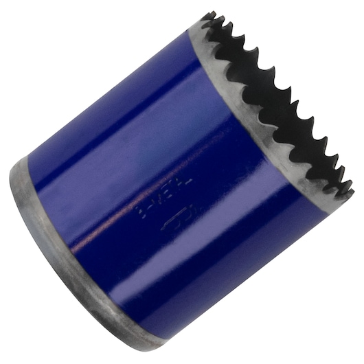 IRWIN 373178BX blue hole saw with sharp teeth, product photography angled on white background.