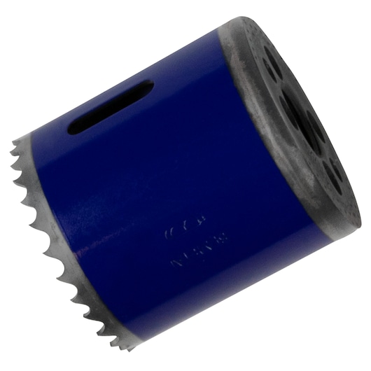 IRWIN hole saw 373178BX with blue body and sharp teeth, angled side view on white background.