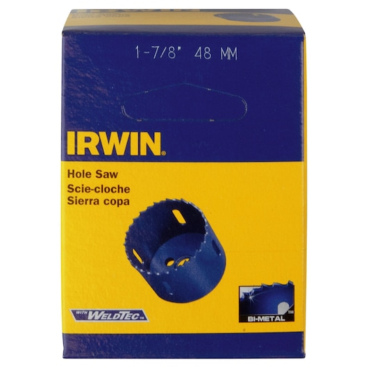 IRWIN 373178BX hole saw box, blue and yellow packaging, front angle, bi-metal design with WeldTec logo.