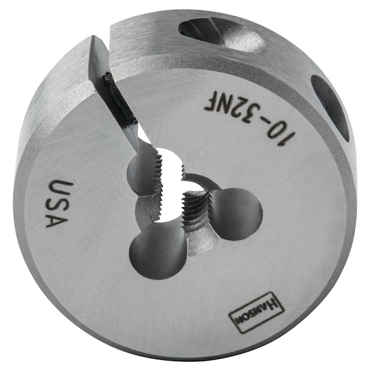 IRWIN 3731 round steel threading die front angle, engraved marks and thread cutting features visible.