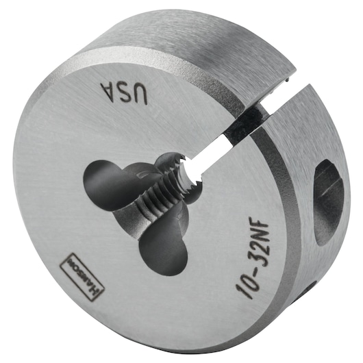 IRWIN 3731 round steel threading die, silver finish, close-up angle, 10-32NF marking visible