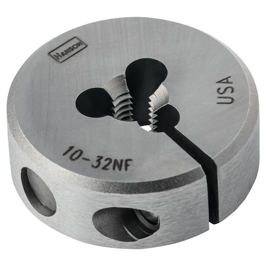 IRWIN 3731 round steel threading die, HANSON mark, 10-32NF, USA, front angle, white background.