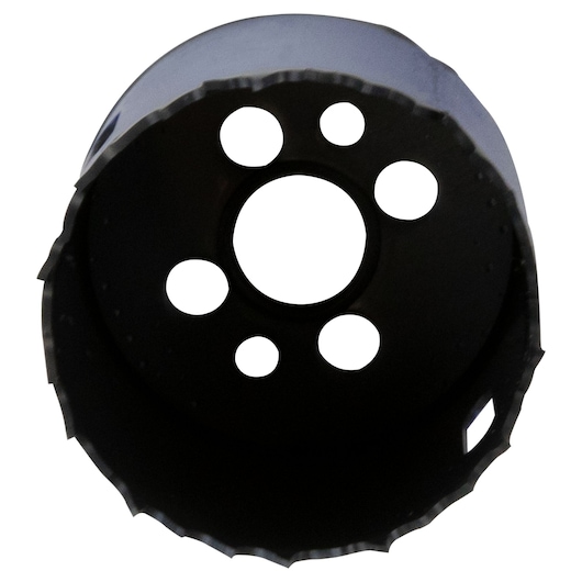 IRWIN hole saw 373200BX, black steel with jagged edge and multiple holes, front view on white background.