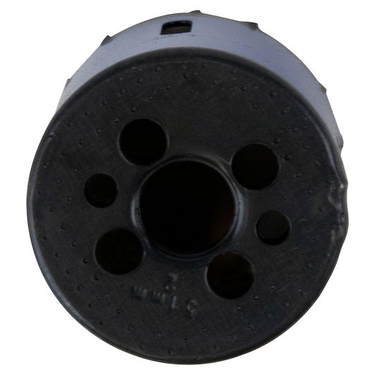 IRWIN 373200BX black plastic rotary tool accessory viewed from front, five holes, white background.