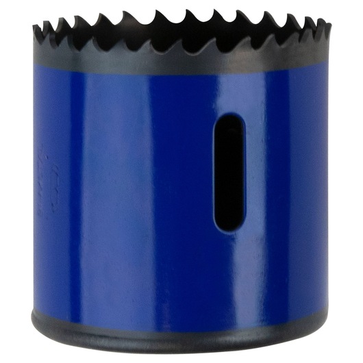 IRWIN 373200BX blue bi-metal hole saw with sharp teeth, front angle on white background.