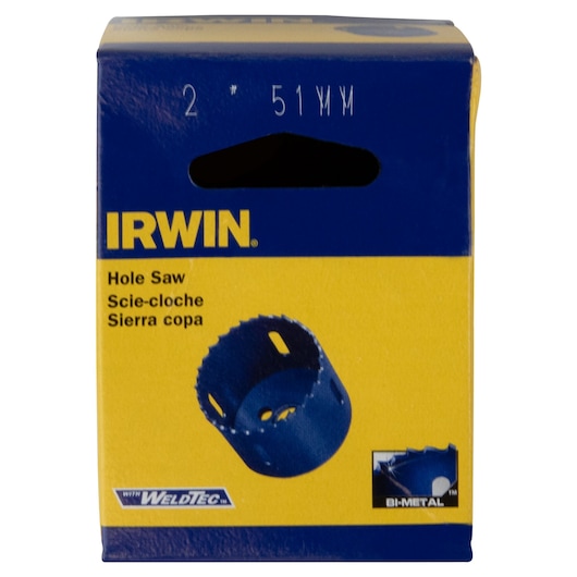 IRWIN hole saw box front view, SKU 373200BX, yellow and blue packaging with product image and WeldTec logo.