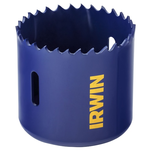 Photo of IRWIN 373210BX blue bi-metal hole saw with sharp teeth, angled view on white background.
