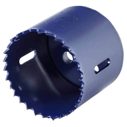 IRWIN 373210BX hole saw, blue, angled side view on white background showing serrated edge.
