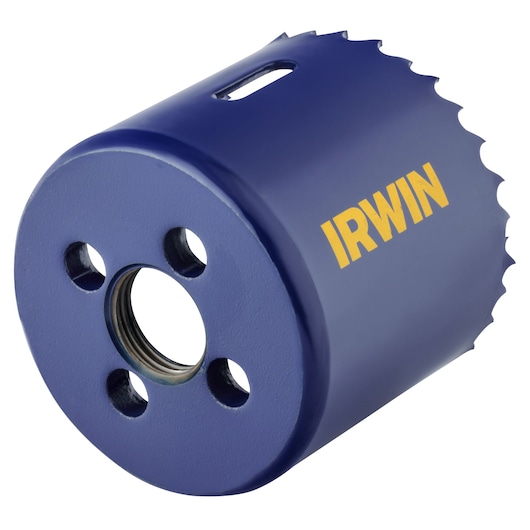 IRWIN 373210BX blue hole saw, side angle, showing teeth and mounting holes on white background.