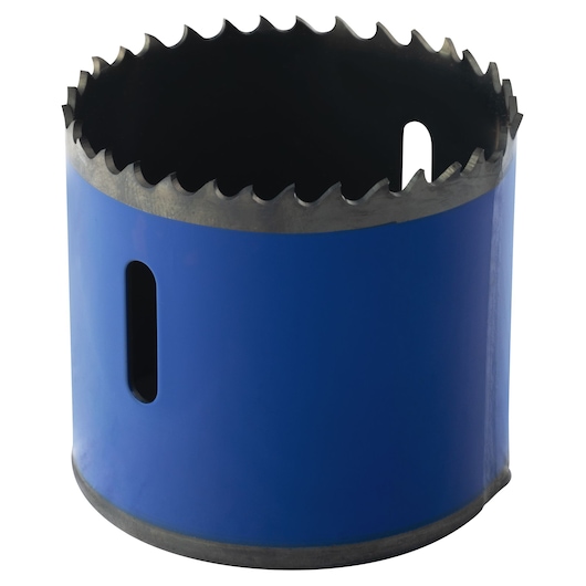 IRWIN 373214BX bi-metal hole saw with blue body and sharp teeth, product photo on white background.