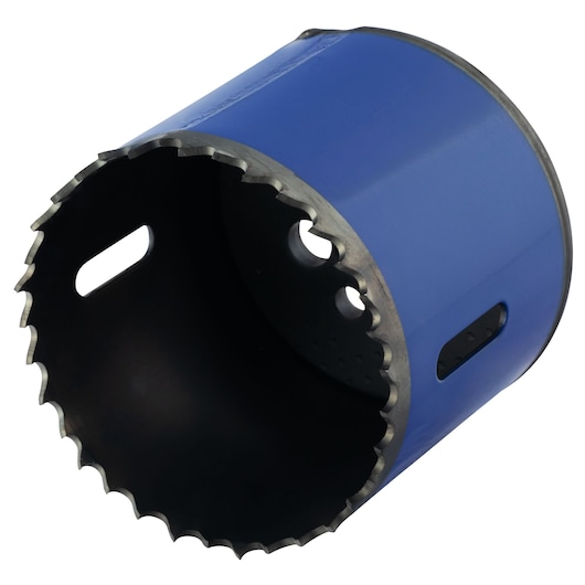 Photo of IRWIN 373214BX blue bi-metal hole saw with sharp teeth, angled on white background.