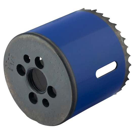 IRWIN 373214BX blue bi-metal hole saw, angled view on white background, with sharp teeth and side slot.