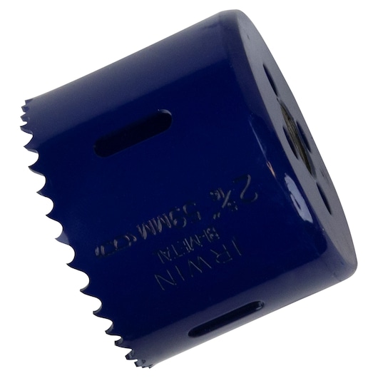 IRWIN 373250BX blue bi-metal hole saw, front angle, sharp teeth and vent slots visible.