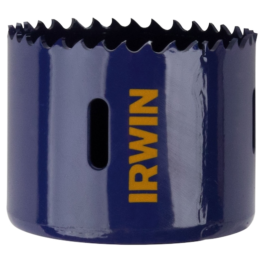 IRWIN hole saw 373250BX, blue metal body, close-up angle on white background.