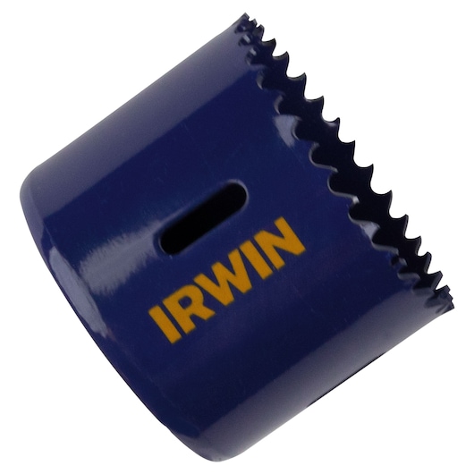 IRWIN hole saw, SKU 373250BX, blue metal cutting edge, product photography, angled view.