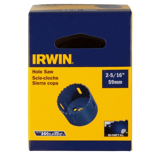 IRWIN hole saw 59mm 373250BX, bi-metal, front packaging on white background.