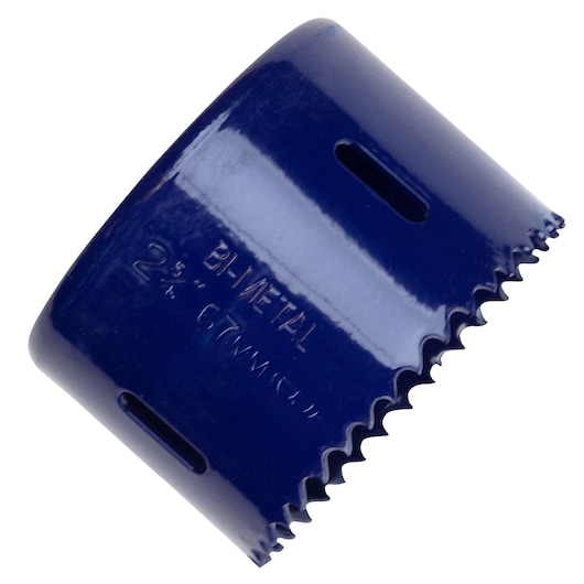 IRWIN 373258BX bi-metal hole saw, blue finish, close-up angle on white background.
