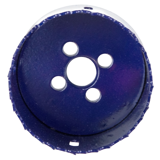 IRWIN 373258BX blue hole saw front angle, circular blade with four central holes.