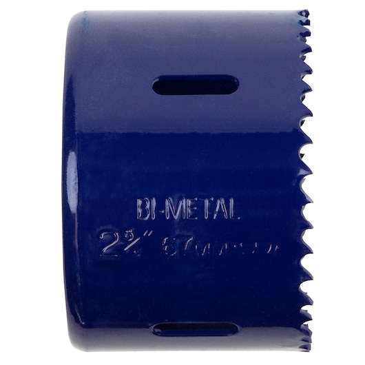 IRWIN 2-5/8 inch bi-metal hole saw, SKU 373258BX, blue finish, side angle on white background.