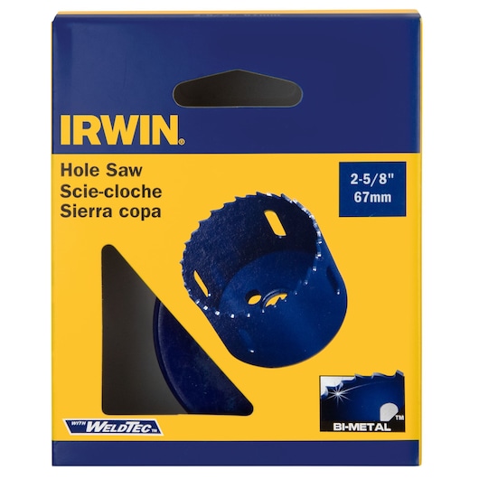 IRWIN hole saw 373258BX in blue and yellow box, 2-5/8 inch size, bi-metal, front angle on white background.