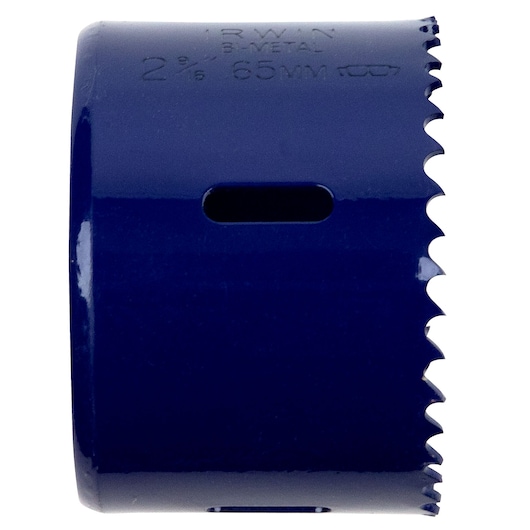 Photo of IRWIN 373290BX bi-metal hole saw, blue, side angle on white background, with sharp cutting edge.