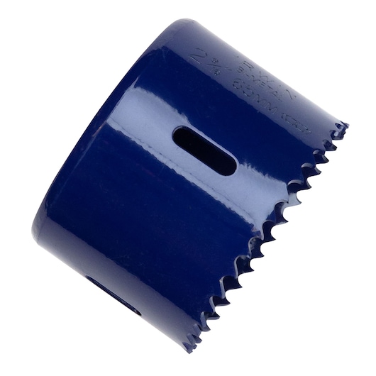 IRWIN 373290BX bi-metal hole saw, blue finish, side angle on white background.
