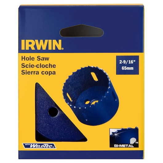 IRWIN hole saw 373290BX packaging, yellow and blue box, 2-9/16 inch 65mm bi-metal tool front angle.