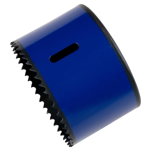 IRWIN 373300BX blue bimetal hole saw, angled side view, sharp teeth, for cutting wood or metal.