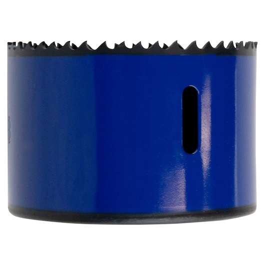 IRWIN 373300BX blue bi-metal hole saw, side angle, with sharp teeth on white background.