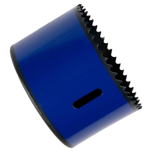 IRWIN 373300BX blue bi-metal hole saw with sharp teeth, side view, photography on white background.