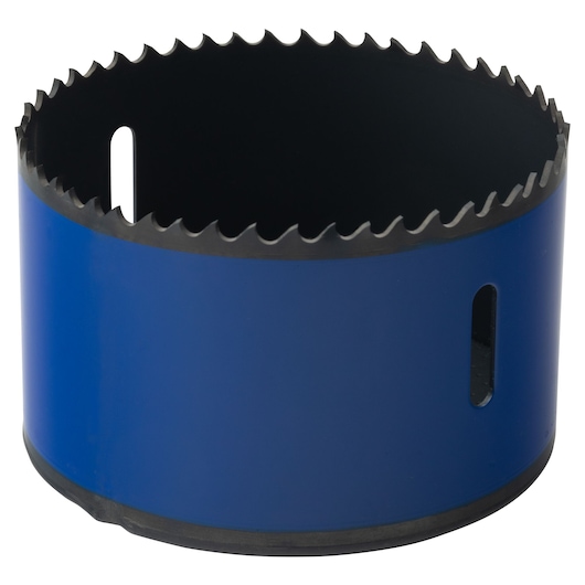 IRWIN 373314BX blue bi-metal hole saw, side angle, with sharp teeth and two side slots.