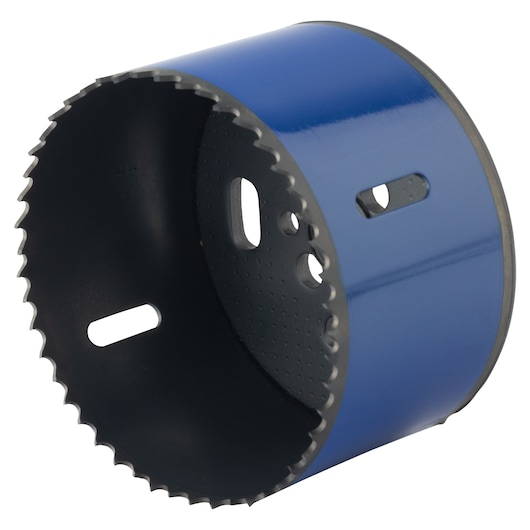 IRWIN hole saw 373314BX in blue, side angle, showing sharp teeth and slotted holes.