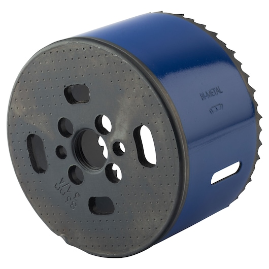 IRWIN 373314BX bi-metal hole saw, blue and black finish, front angle on white background.
