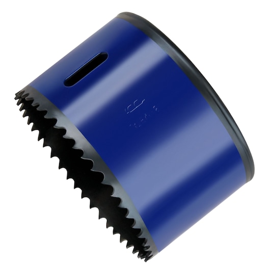 IRWIN hole saw 373318BX, blue metal cylindrical tool with sharp black teeth, side angle, white background.