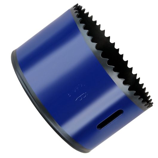 IRWIN 373318BX blue bi-metal hole saw, side angle, sharp teeth, cylindrical design.
