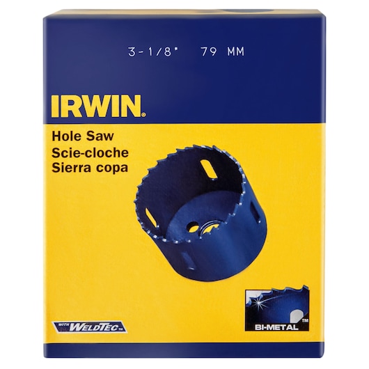 IRWIN 373318BX hole saw packaging, front angle, shows blue bi-metal hole saw and WeldTec logo on yellow and blue box.