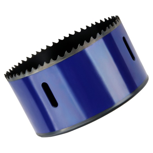 IRWIN hole saw 373334BX, blue steel cylindrical saw with sharp teeth, side angle on white background.