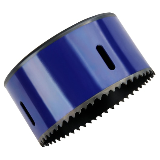 IRWIN 373334BX blue hole saw with sharp teeth, side angle, tool accessory photography