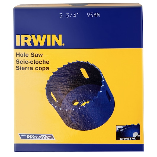 IRWIN 373334BX hole saw packaging, blue and yellow box with product image, 3 3/4 inch 95mm bi-metal saw.