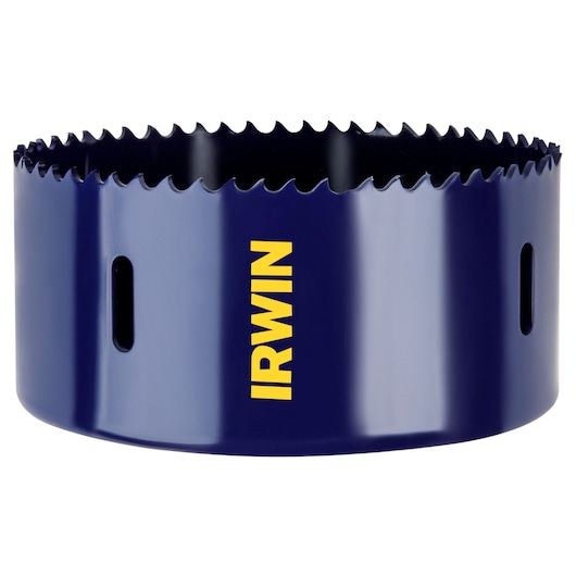 IRWIN hole saw 373378BX, blue with yellow logo, side angle on white background.