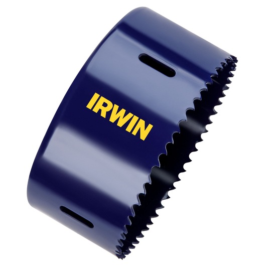 Photo of IRWIN hole saw, SKU 373378BX, blue metal with sharp teeth, angled on white background.
