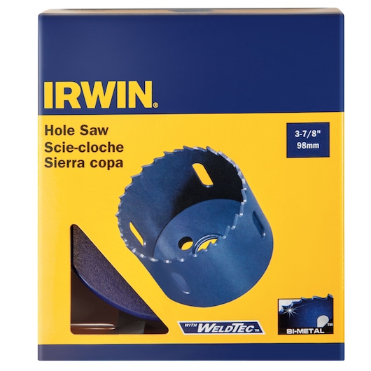 IRWIN 373378BX hole saw packaging, front view, showing bi-metal 3-7/8 inch 98mm hole saw with WeldTec branding.