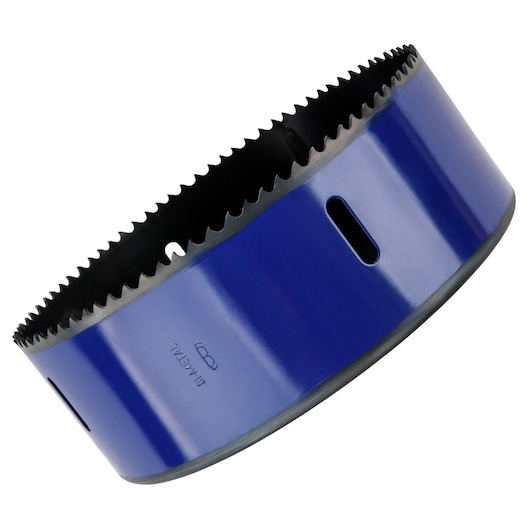 IRWIN 373512BX blue bi-metal hole saw side angle, sharp teeth, metal construction.