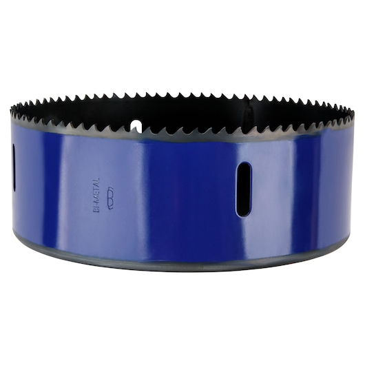 IRWIN 373512BX blue bi-metal hole saw, side angle, showing sharp teeth and oval slots.